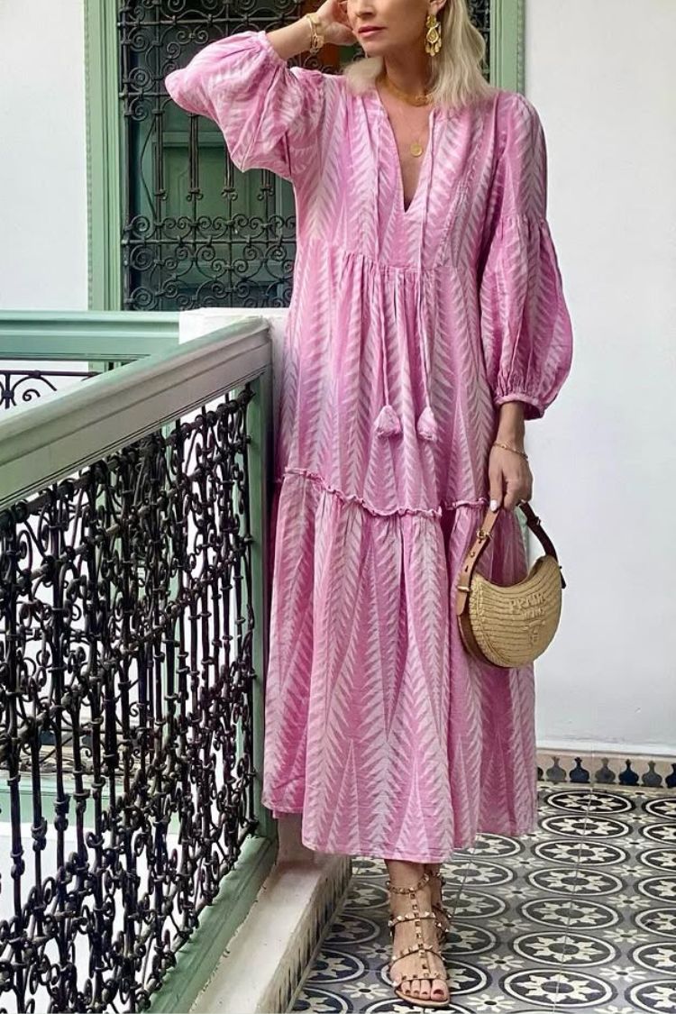 MW | Marrakech Stories Leinenmischung Bedrucktes Midikleid mit Ballonärmeln und Taschen in A-Linie