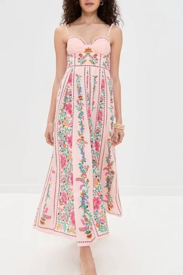 MW | Delicate Forest Einzigartige Druck Sweetheart Hals Perlen Riemen Maxi Kleid