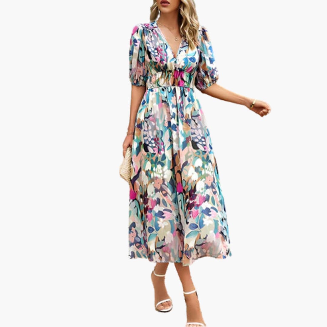 MW | Sommerliches Midikleid für Damen mit Blumendruck und Laternenärmeln