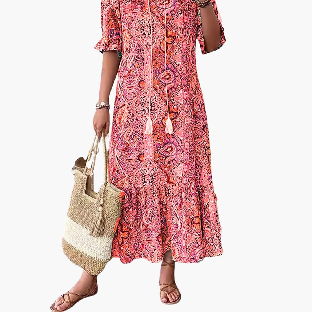 MW | Damen Boho-Midikleid mit halben Ärmeln und Paisley-Print