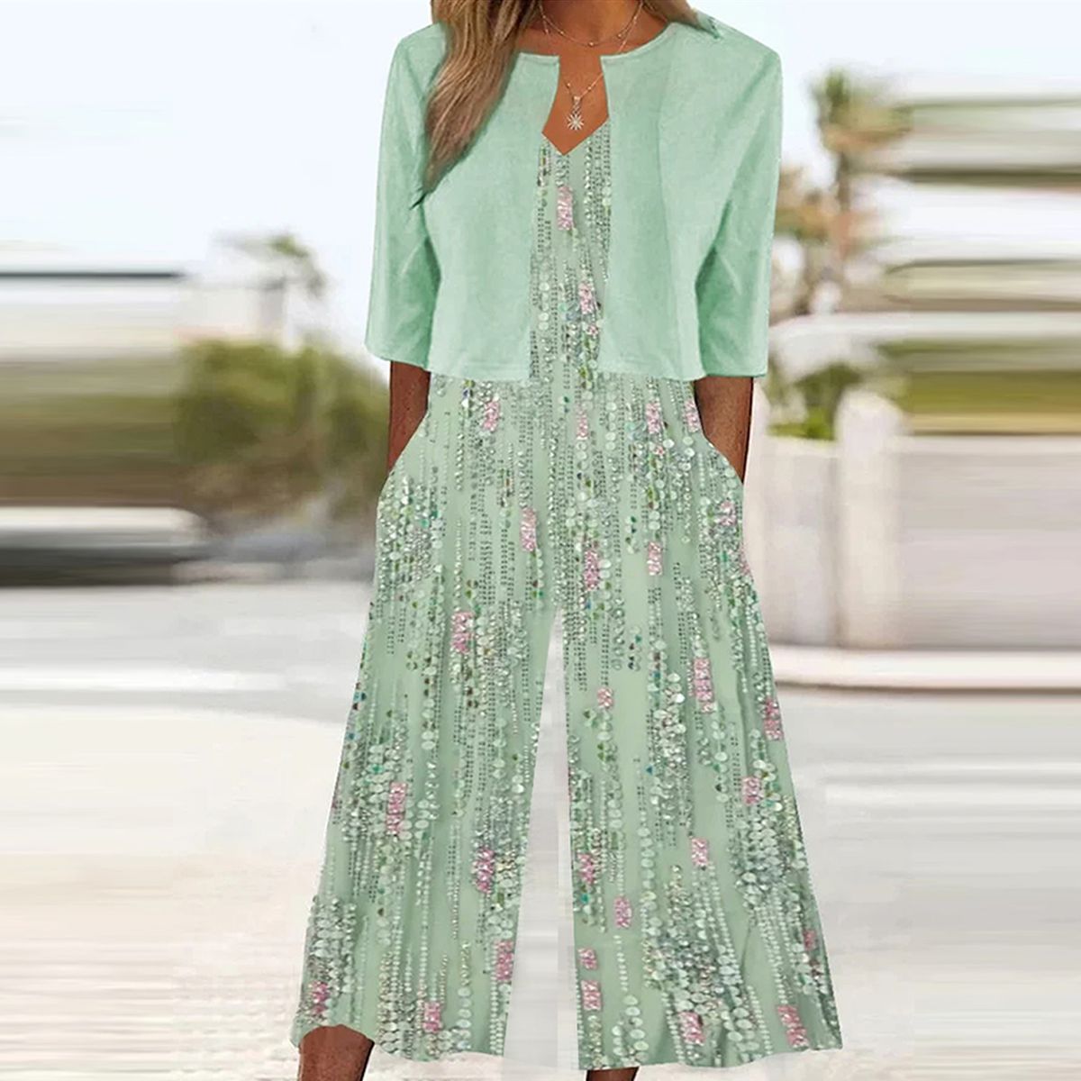 MW | Jugendlicher V-Ausschnitt Grüner Jumpsuit mit Jacke