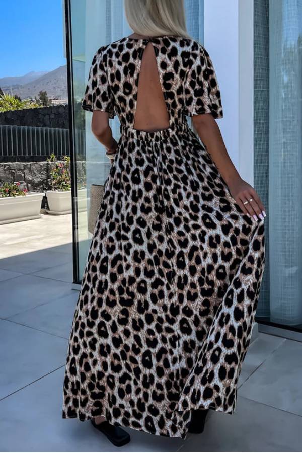 MW | Khaki Leopard V-Ausschnitt Cinched High Waist Open Back Maxikleid