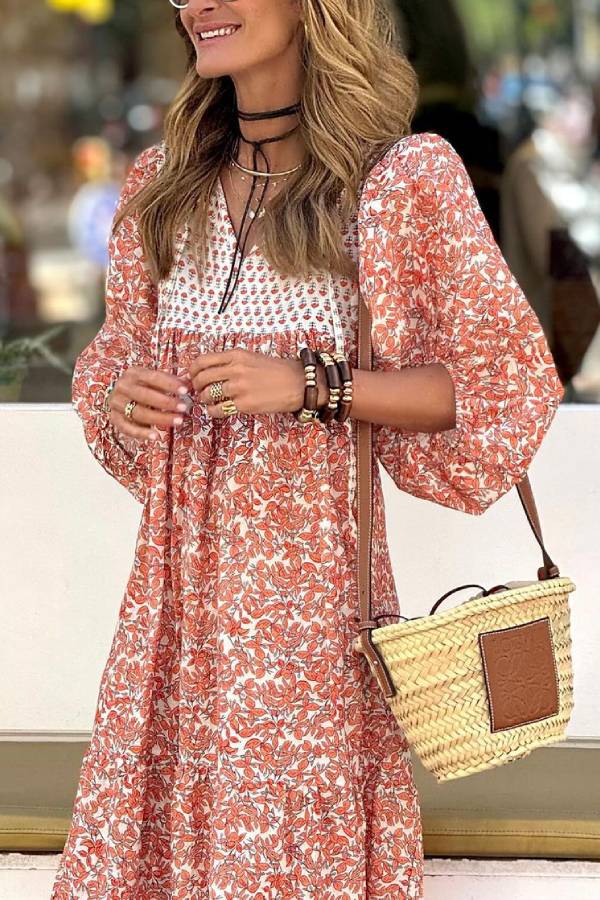 MW | Boheme Lifestyle Bedrucktes Maxikleid mit lockeren Puffärmeln