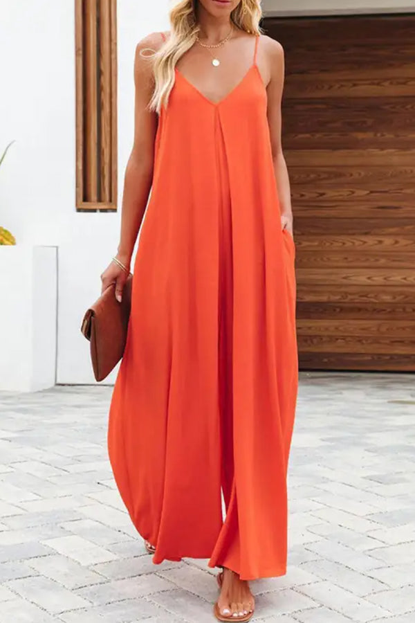 MW | Solide Farbe Seite Tasche lässig weites Bein Suspender Jumpsuit