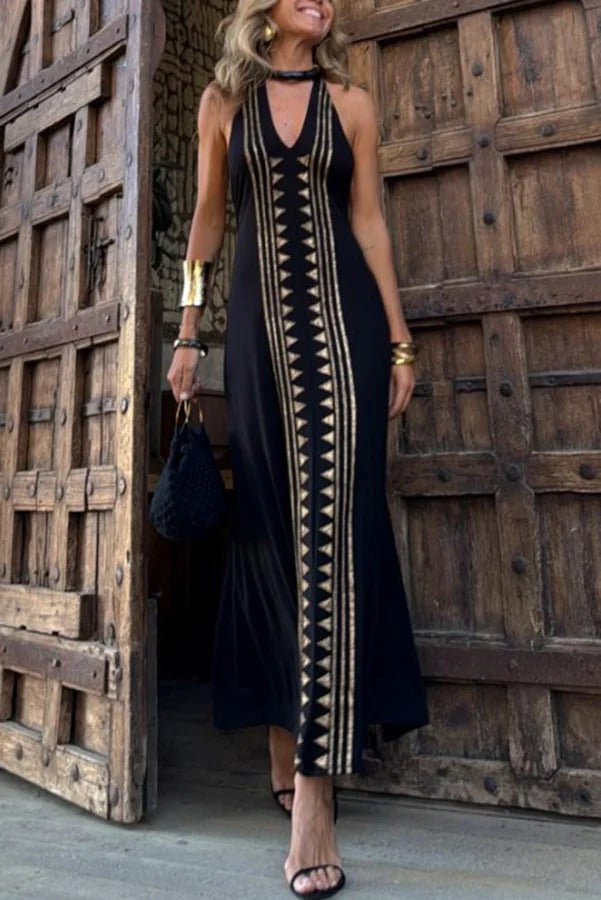 MW | Meret Gold Geometrischer Druck Rückenfreies Stretch-Maxikleid mit Halter