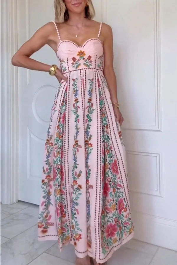 MW | Delicate Forest Einzigartige Druck Sweetheart Hals Perlen Riemen Maxi Kleid