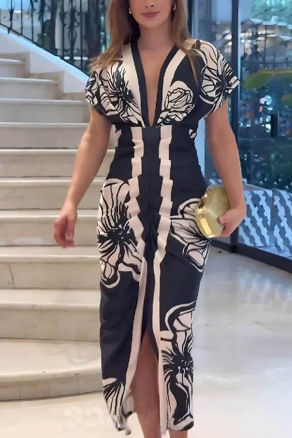 MW | Unique Bella Kontrast Farbe Unique Print Dolman Ärmel geraffte Schlitz Midi-Kleid