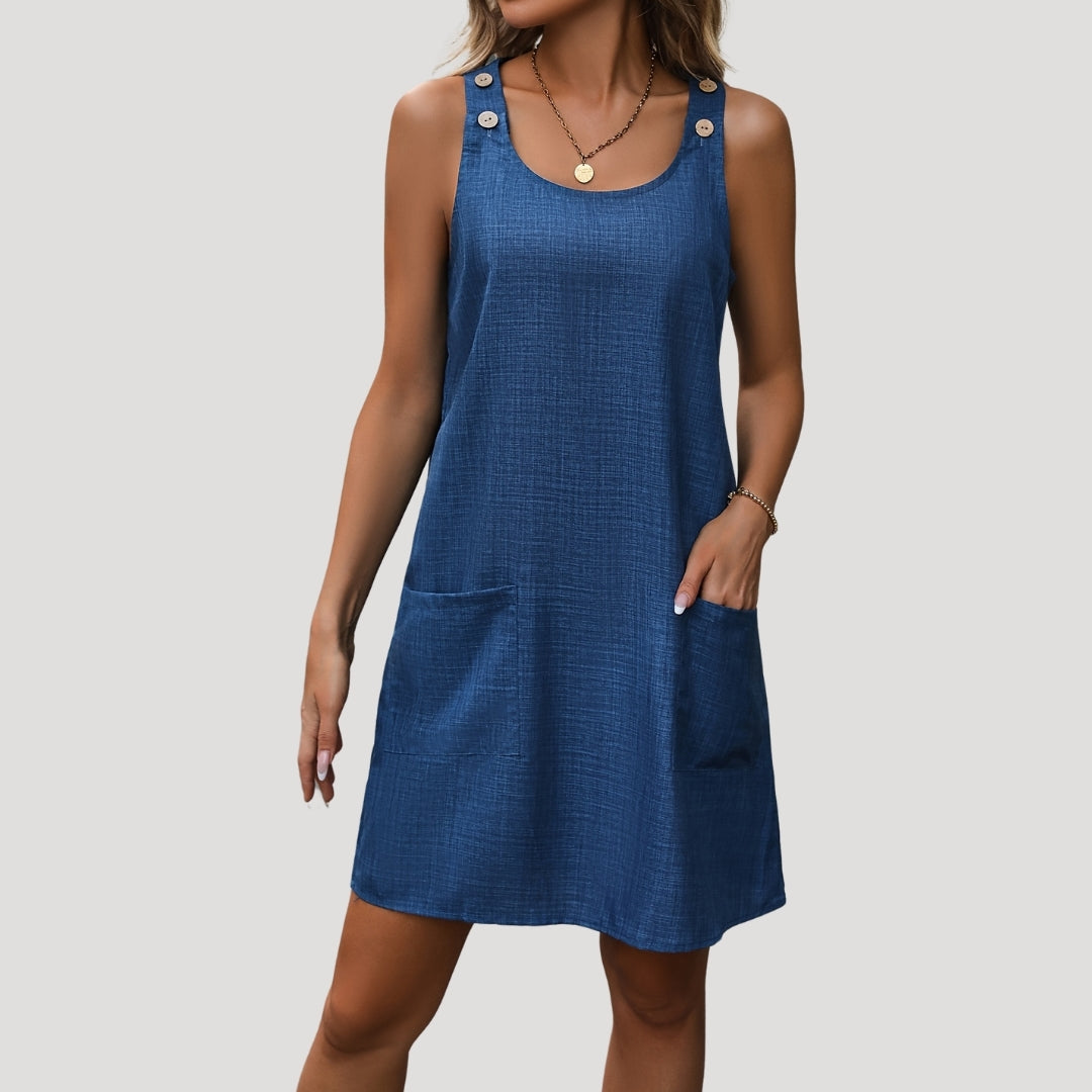MW | Damen ärmelloses lässiges Minikleid mit Knöpfen und Riemen
