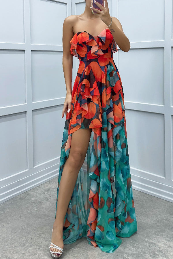 MW | Loving Moment Gradient Einzigartiger Druck Fließend Geschichtet Rüschen Trägerlos Schlitz Maxikleid