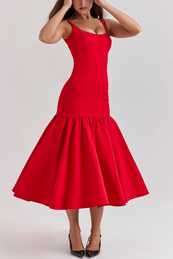 MW | Anmutige Silhouette Quadratischer Ausschnitt Breiter Riemen Tropfen Taille Midi Kleid