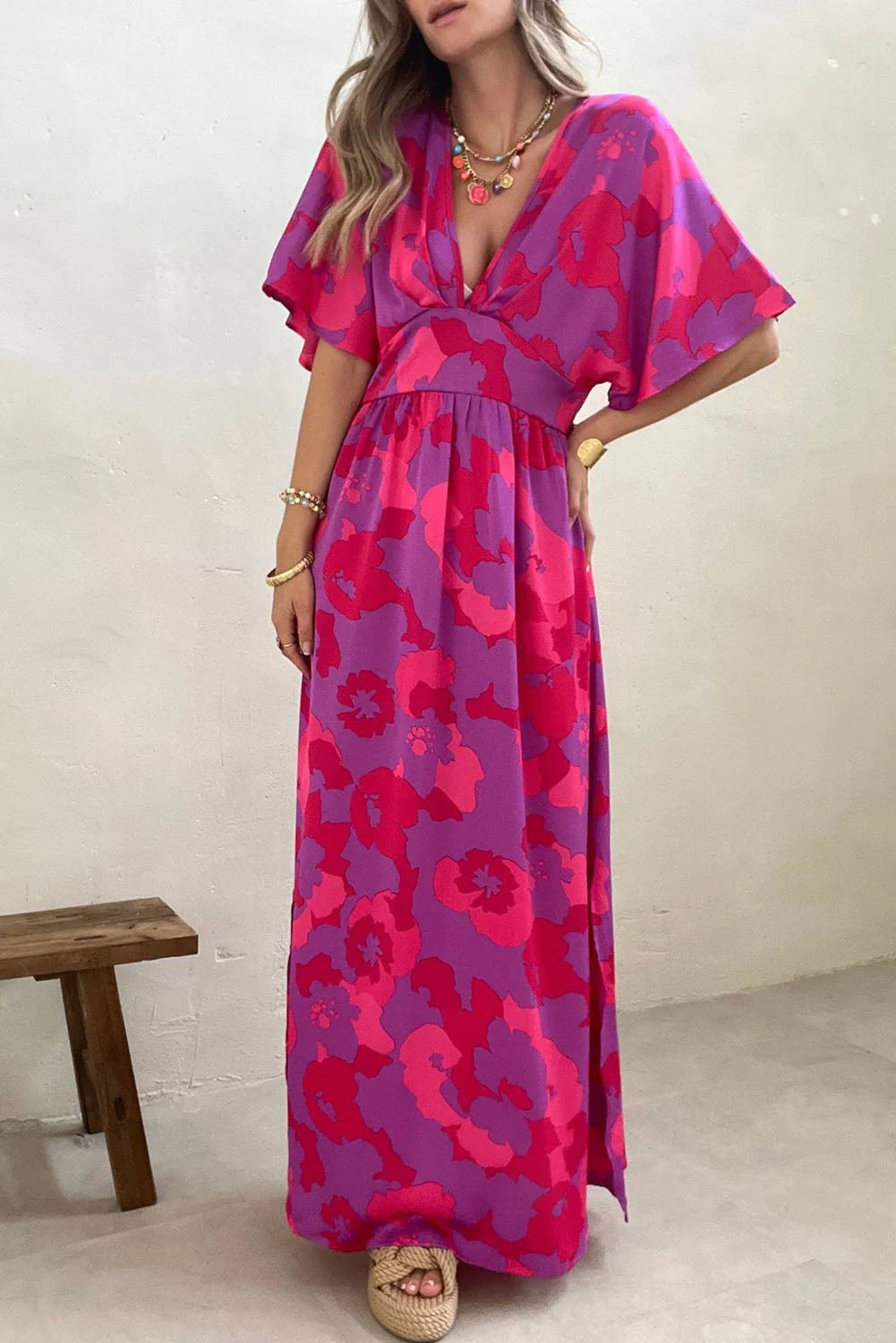 MW | Rose Abstrakter Blumendruck V-Ausschnitt Dolman Maxikleid