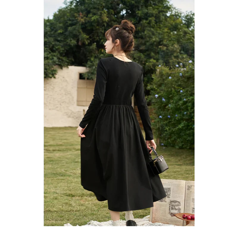 MW | Elegantes Schwarzes Gestricktes Gesmoktes V-Ausschnitt A-Linie Midi Kleid