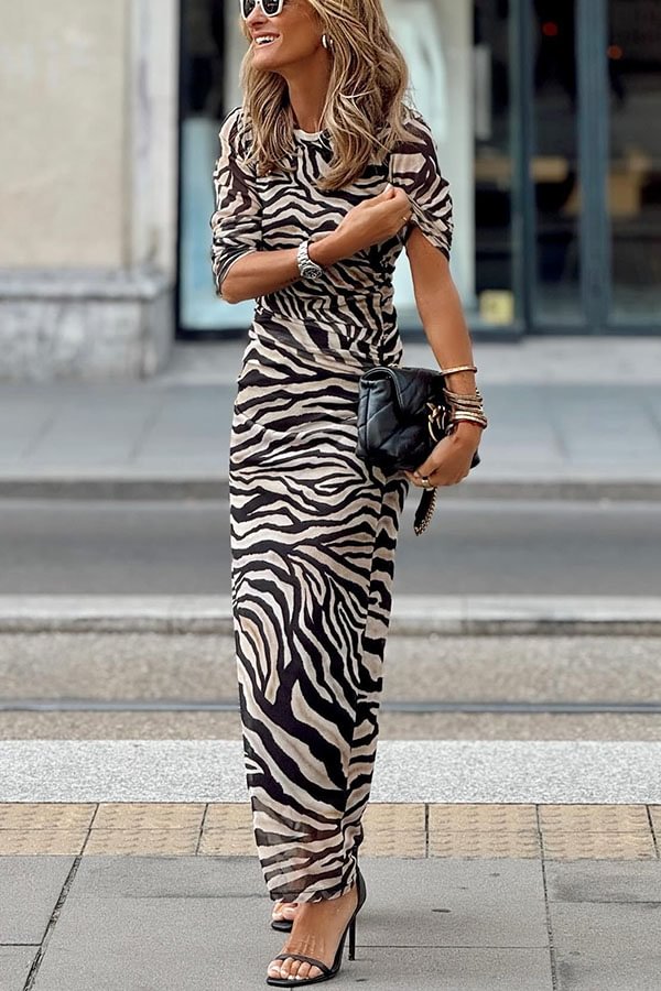 MW | Natural Beauty Mesh Zebra Druck gerafftes Stretch Maxikleid