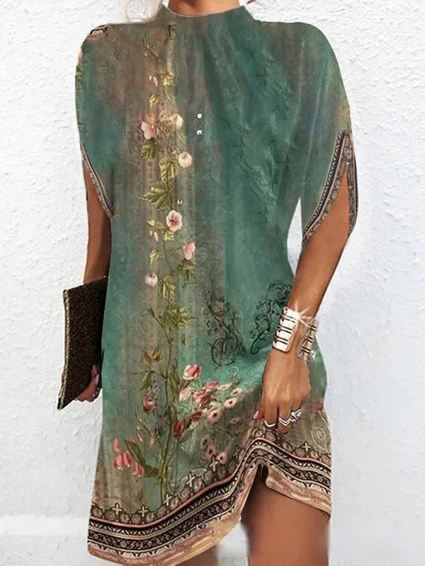 MW | Fledermausärmel Lockeres Minikleid mit Blumendruck und Rundhalsausschnitt