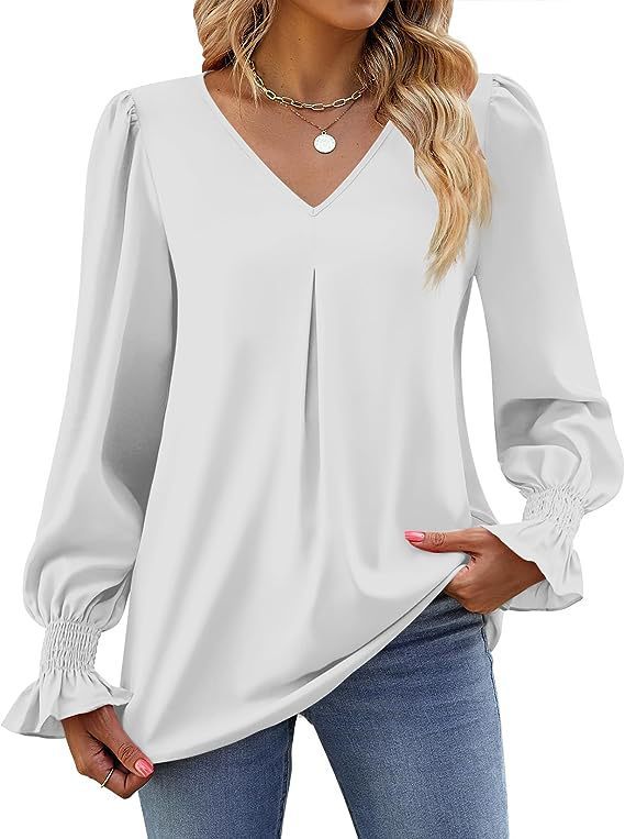MW | Elegante Langarm V-Ausschnitt plissierte Chiffonbluse