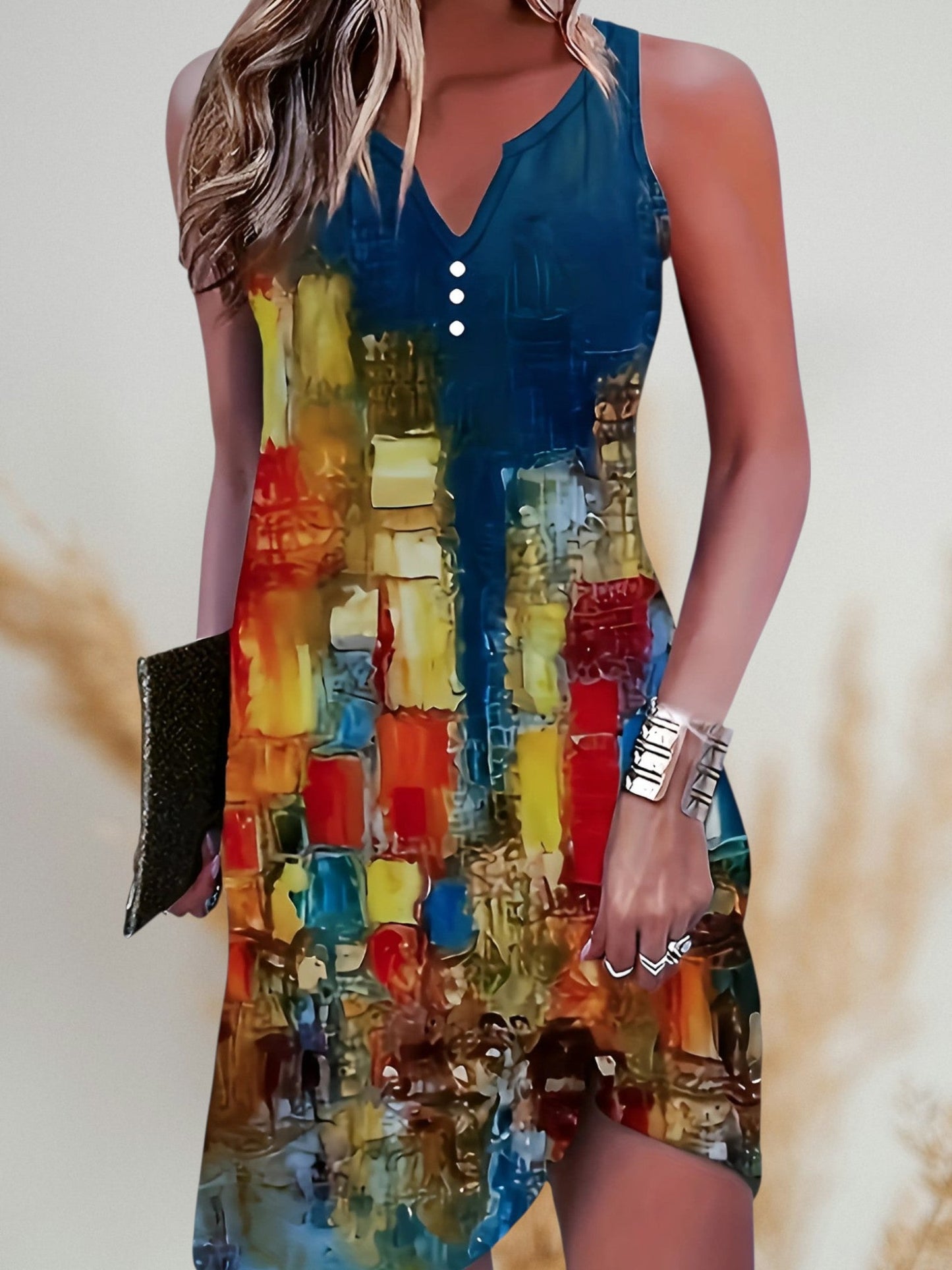 MW | Ärmelloses Bohemian Mini-Kleid mit V-Ausschnitt und Button-Front-Stil