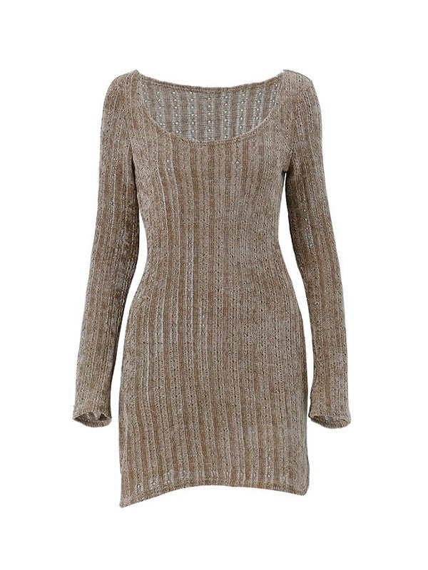 MW | Vintage Braunes langärmeliges Pullover-Minikleid