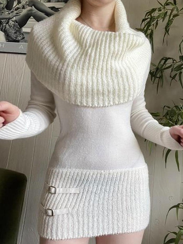 MW | Weißer Kragen Langärmeliges Pullover-Minikleid