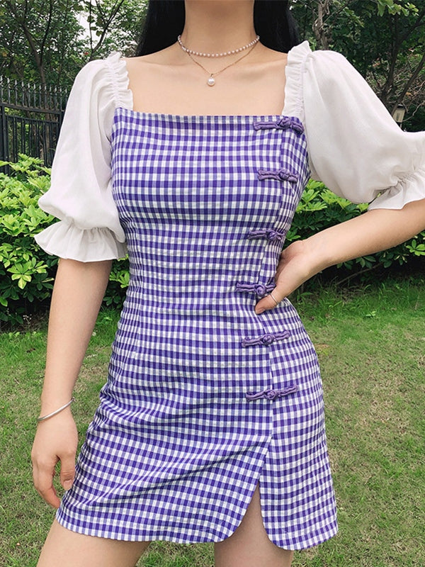 MW | Patchwork-Kariertes Minikleid mit Puffärmeln