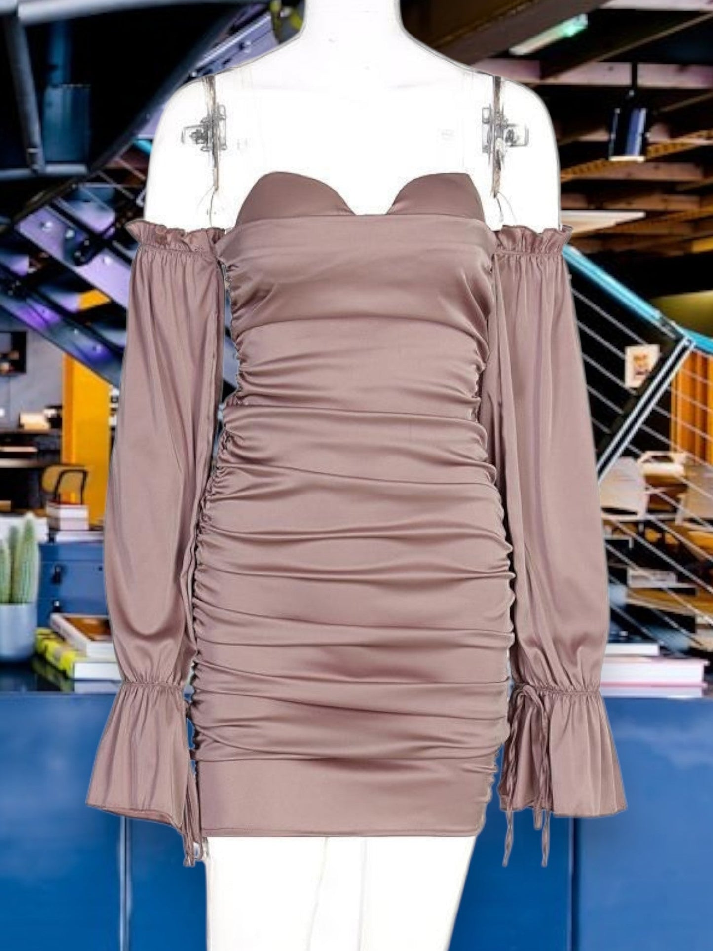 MW | Off-the-shoulder Damenkleid mit Rüschendetails aus dehnbarem Stoff Minikleid
