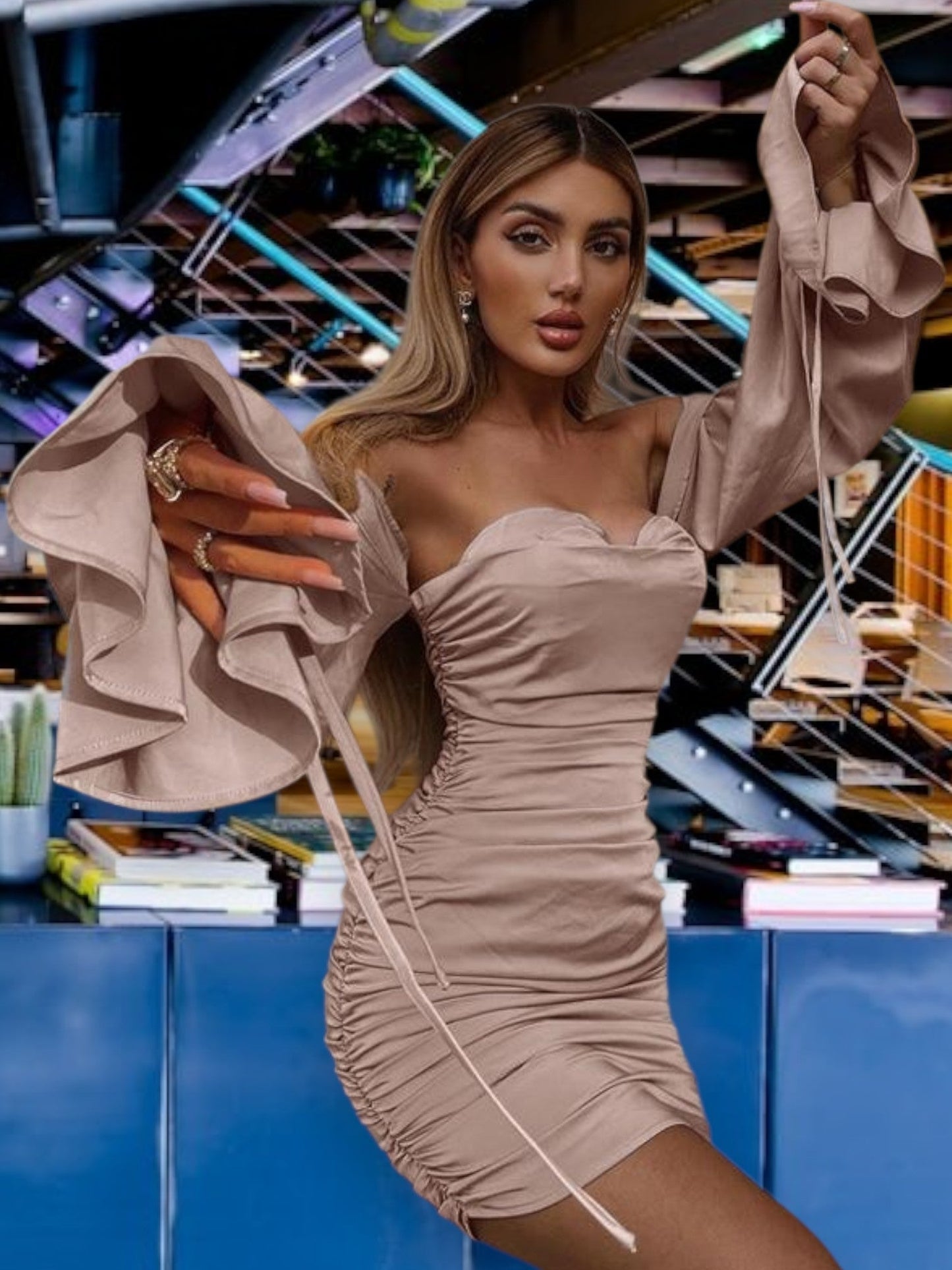 MW | Off-the-shoulder Damenkleid mit Rüschendetails aus dehnbarem Stoff Minikleid