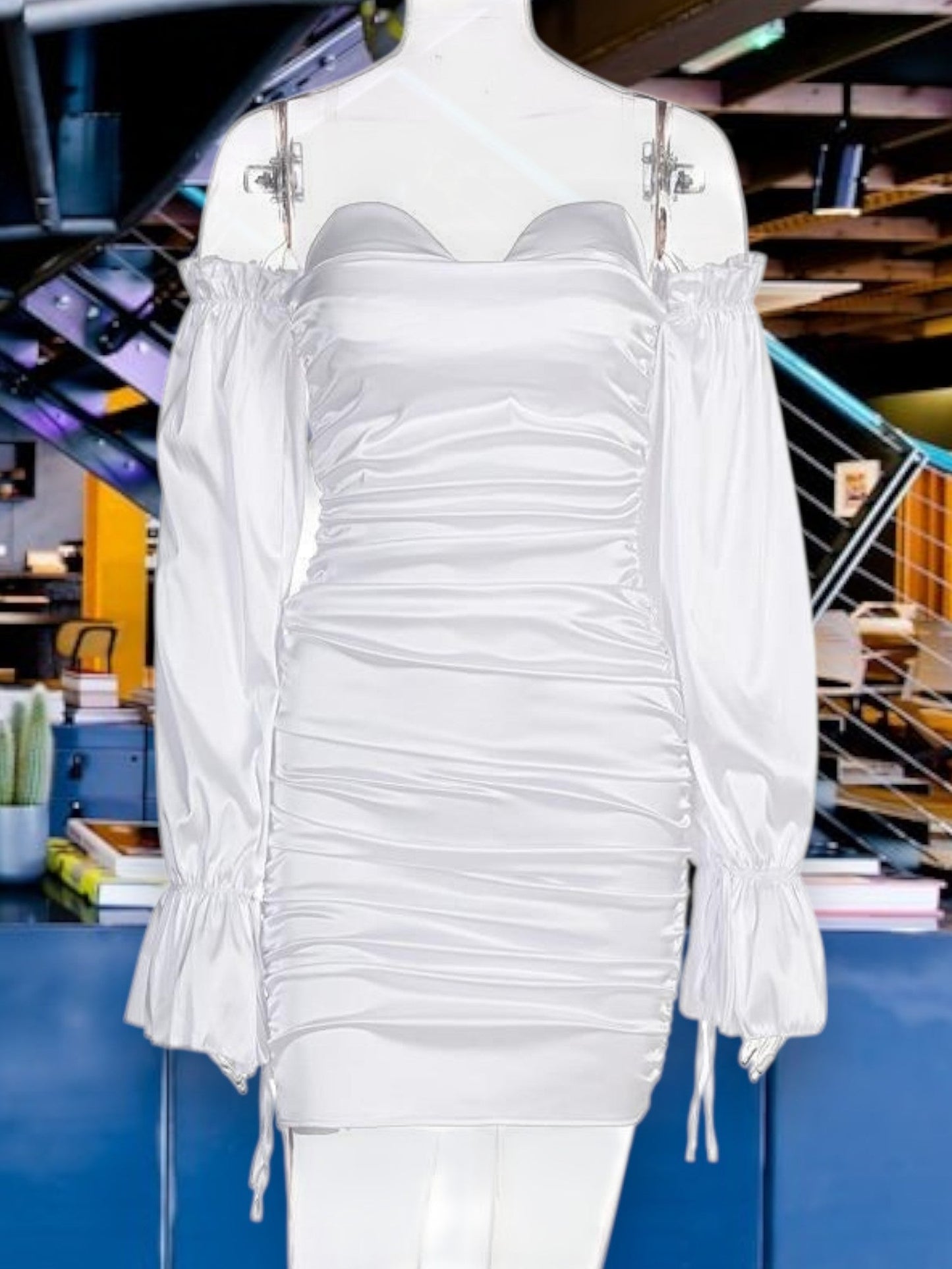 MW | Off-the-shoulder Damenkleid mit Rüschendetails aus dehnbarem Stoff Minikleid