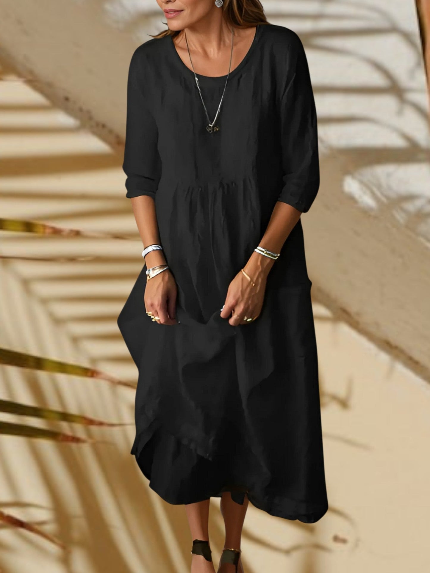 MW | Damen Midi Kleid mit 3/4 Ärmeln und runden Hals