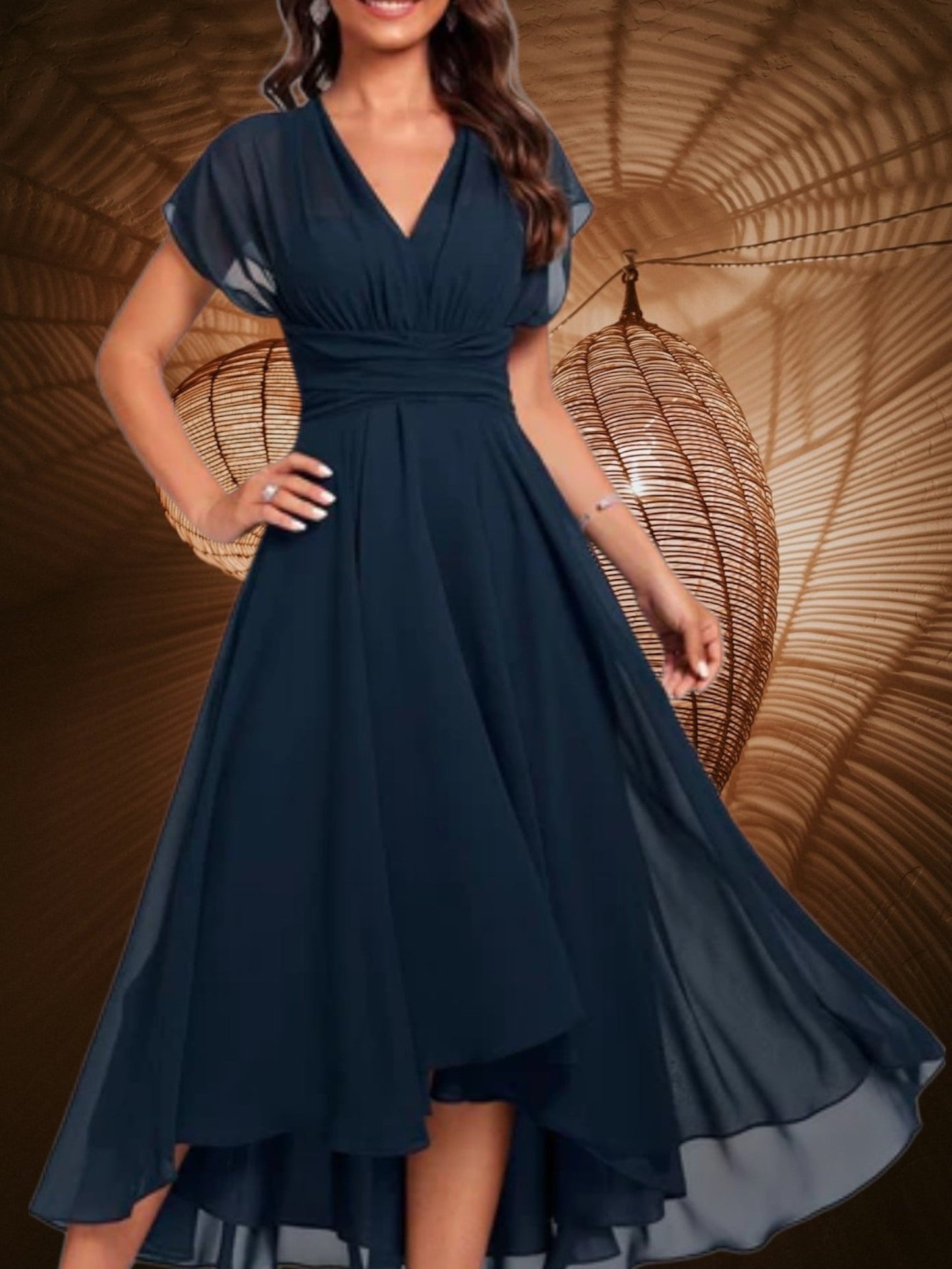 MW | Damen V-Ausschnitt Midi Kleid mit kurzen Ärmeln und ausgestatteten Rock
