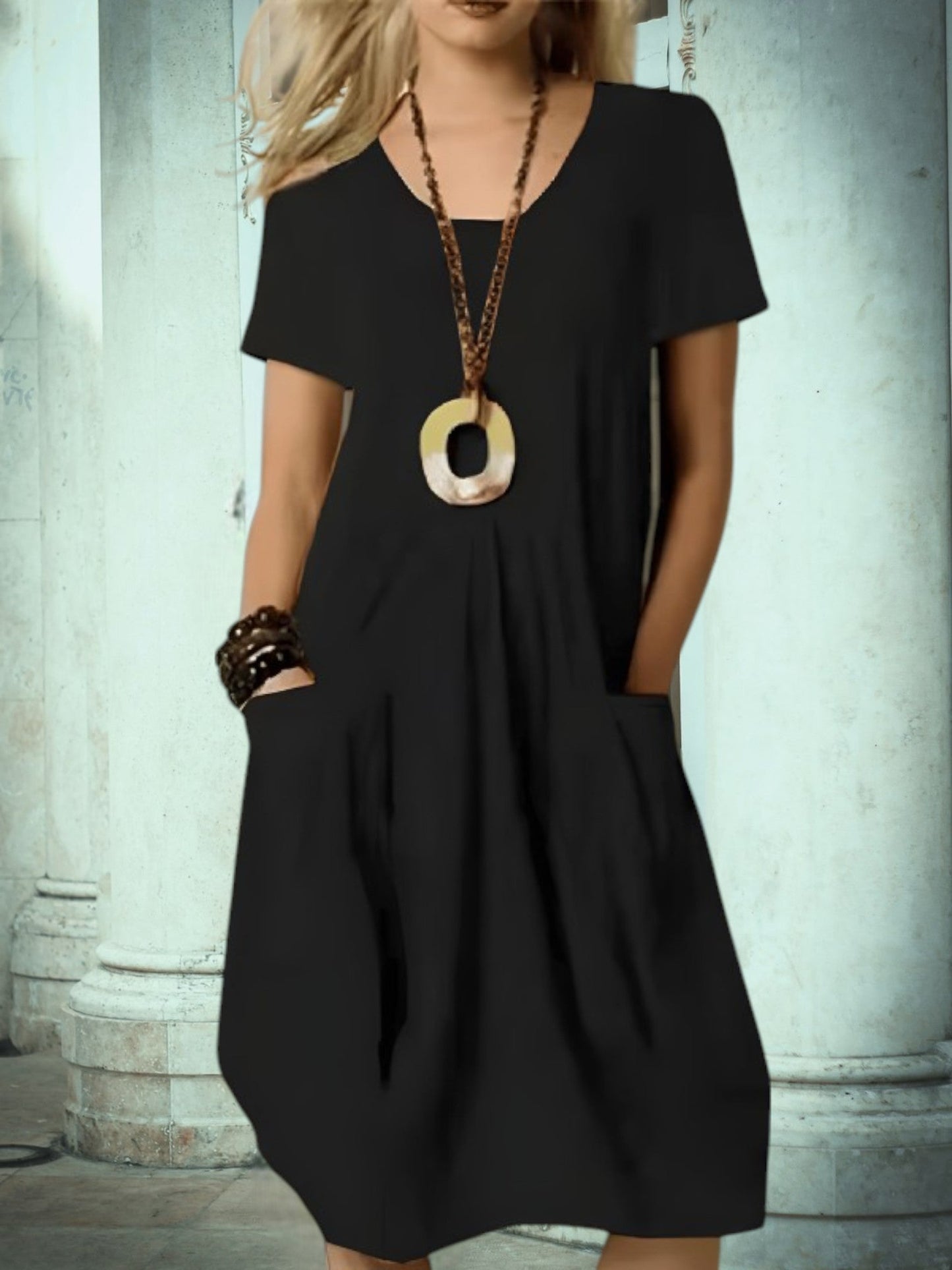 MW | Damensommer Midi Kleid mit runden Ausschnitt und Taschen