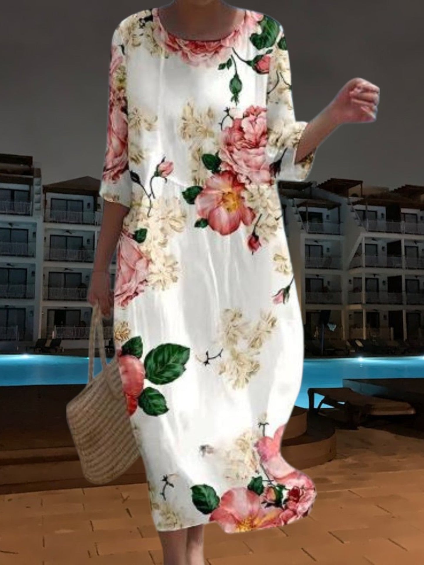 MW | Elegantes Midikleid aus leichtem, fließendem Material, 3/4 Ärmel mit Floral Print