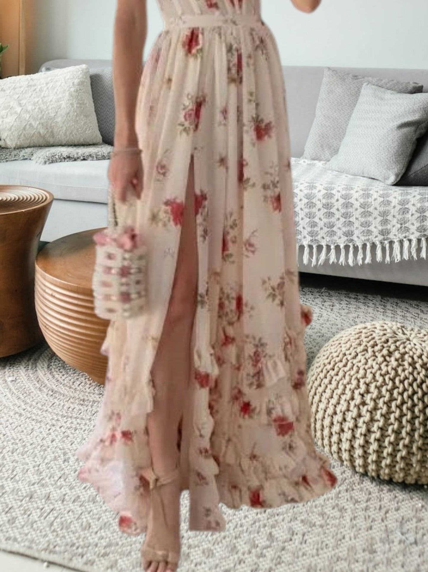 MW | Elegantes festliches Midikleid aus Spitze mit floralen Details und ärmellos für Frauen