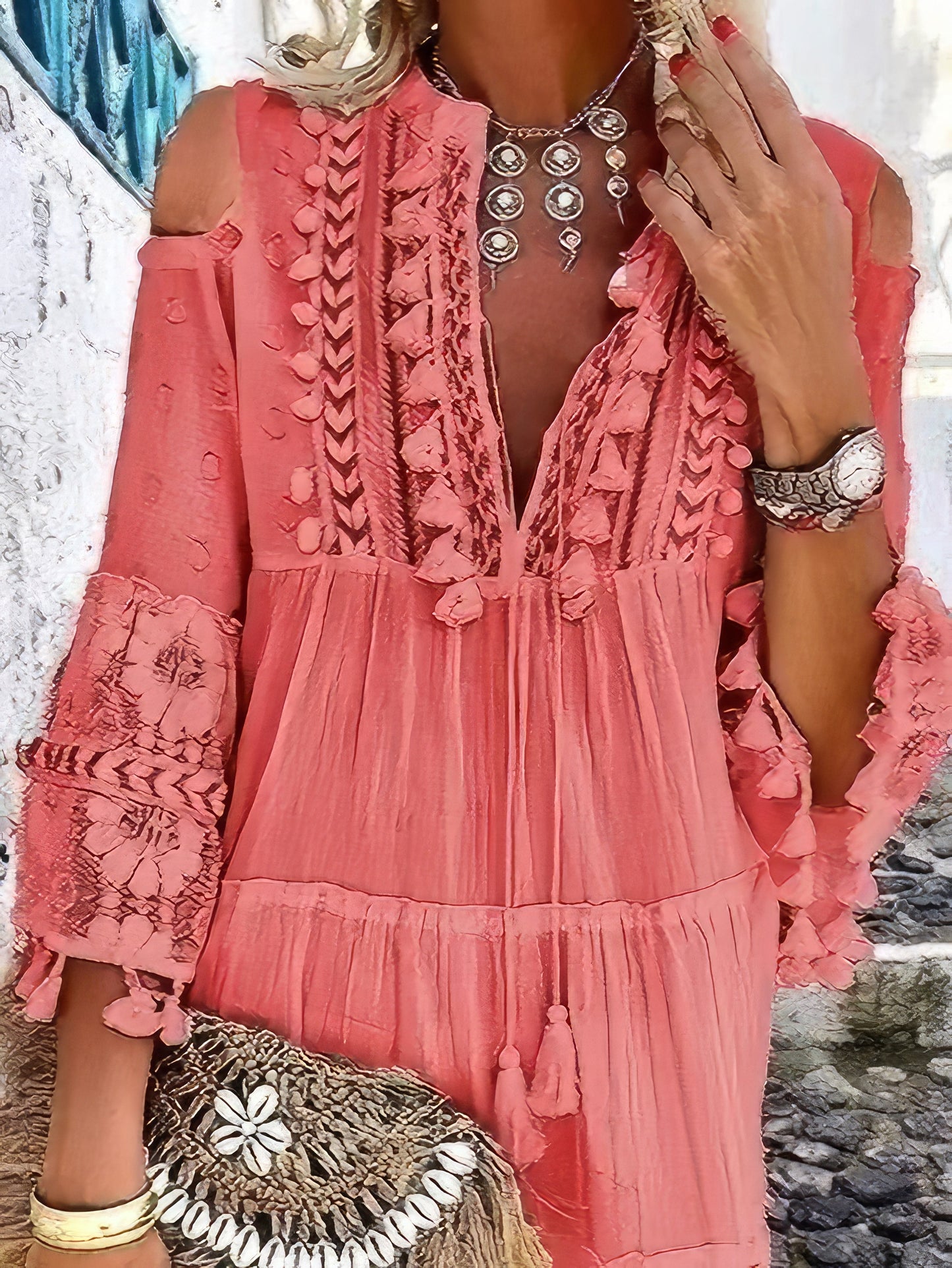 MW | Fashion V-Ausschnitt Spitze Fransen Minikleid