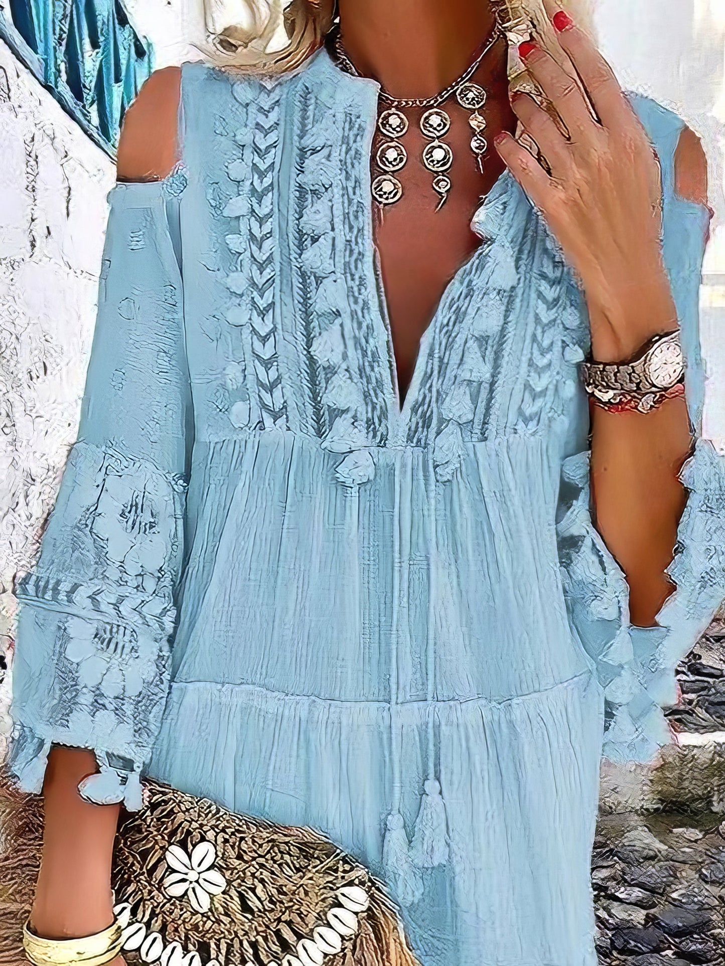 MW | Fashion V-Ausschnitt Spitze Fransen Minikleid