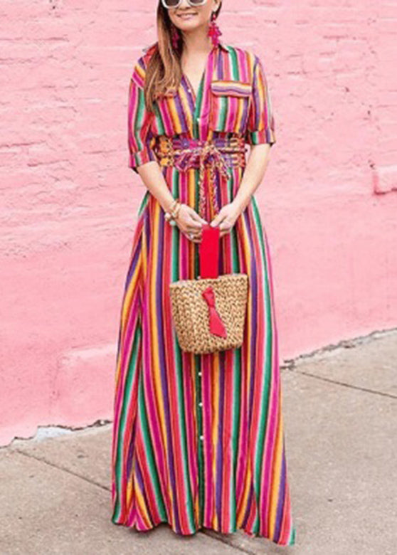 MW | Mode Regenbogen gestreift Knopf Krawatte Taille Maxi Shirts Kleider Sommer