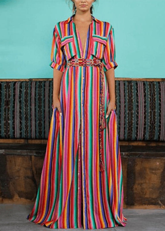 MW | Mode Regenbogen gestreift Knopf Krawatte Taille Maxi Shirts Kleider Sommer