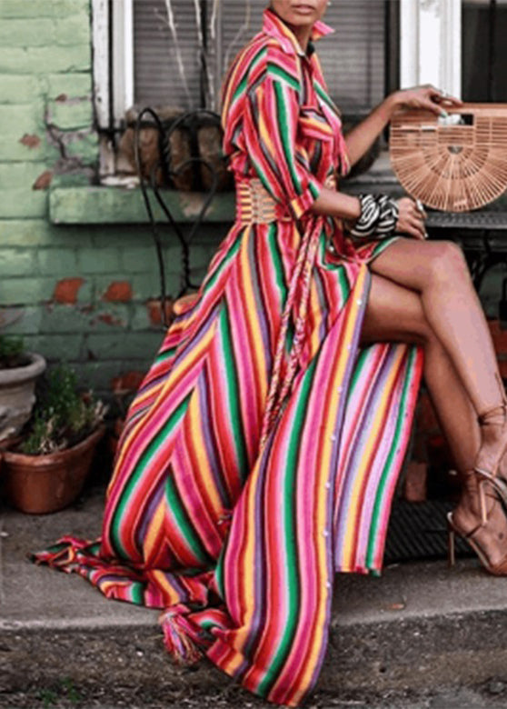 MW | Mode Regenbogen gestreift Knopf Krawatte Taille Maxi Shirts Kleider Sommer