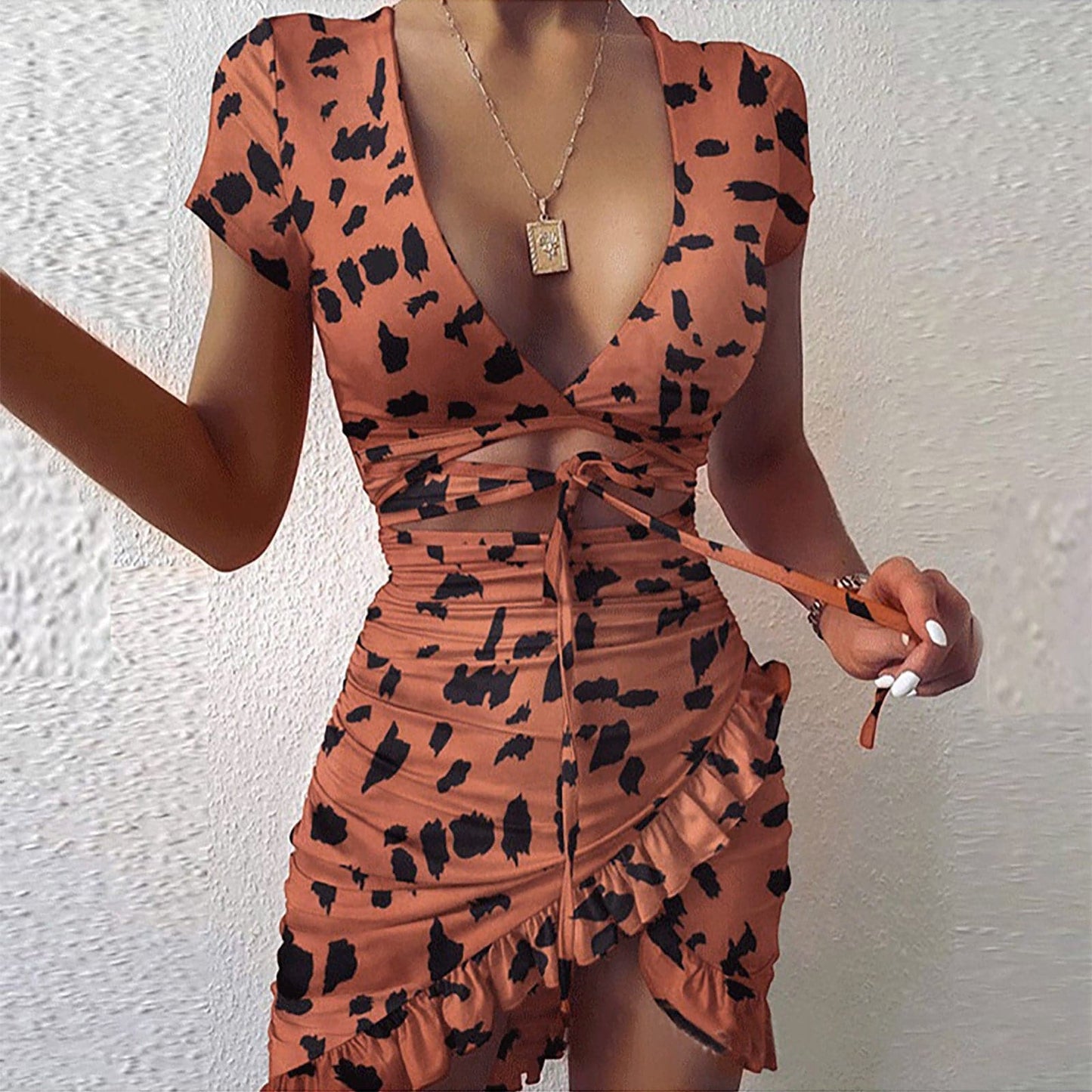 MW | Floral Print Mode Krawatte Wrap Mini Kleid