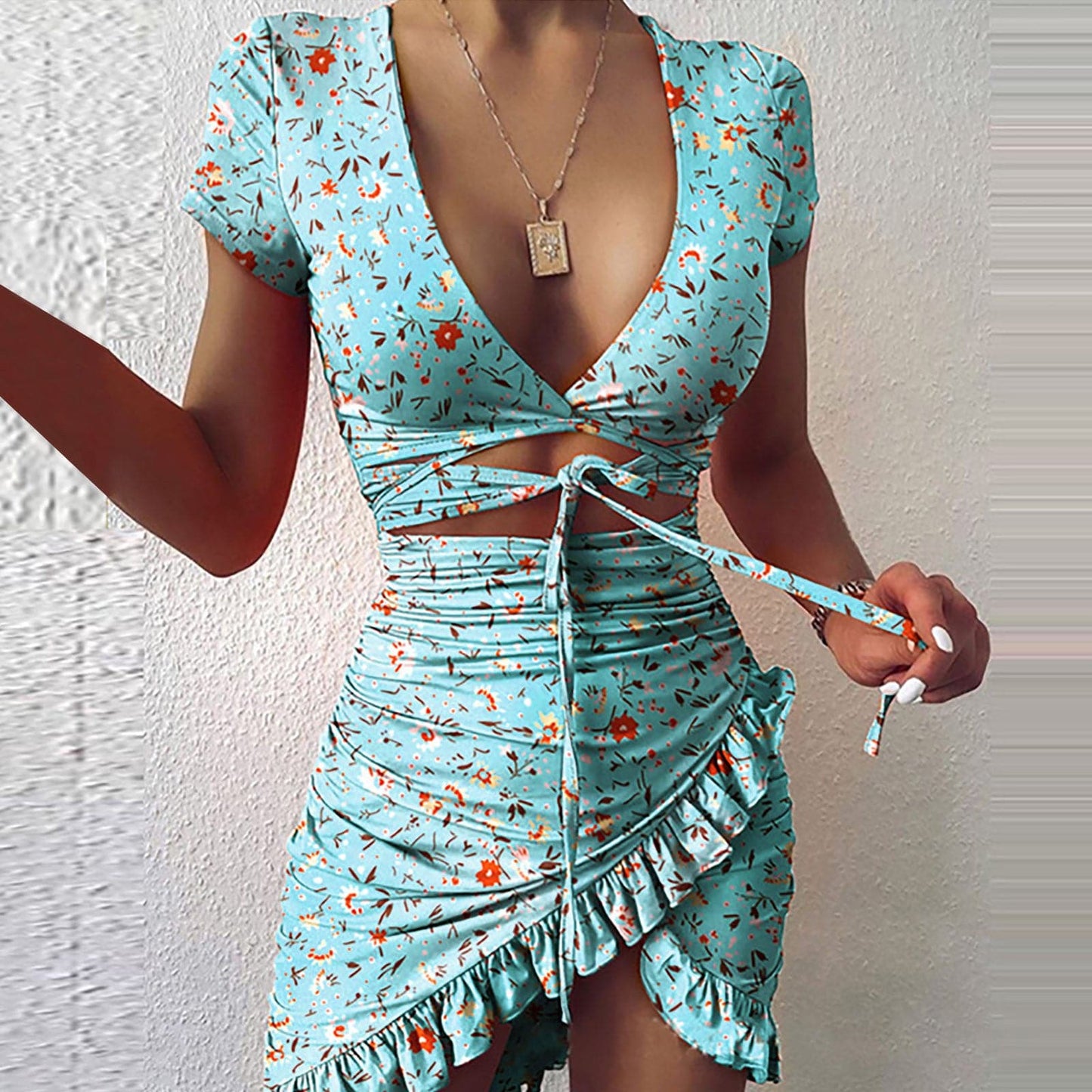 MW | Floral Print Mode Krawatte Wrap Mini Kleid