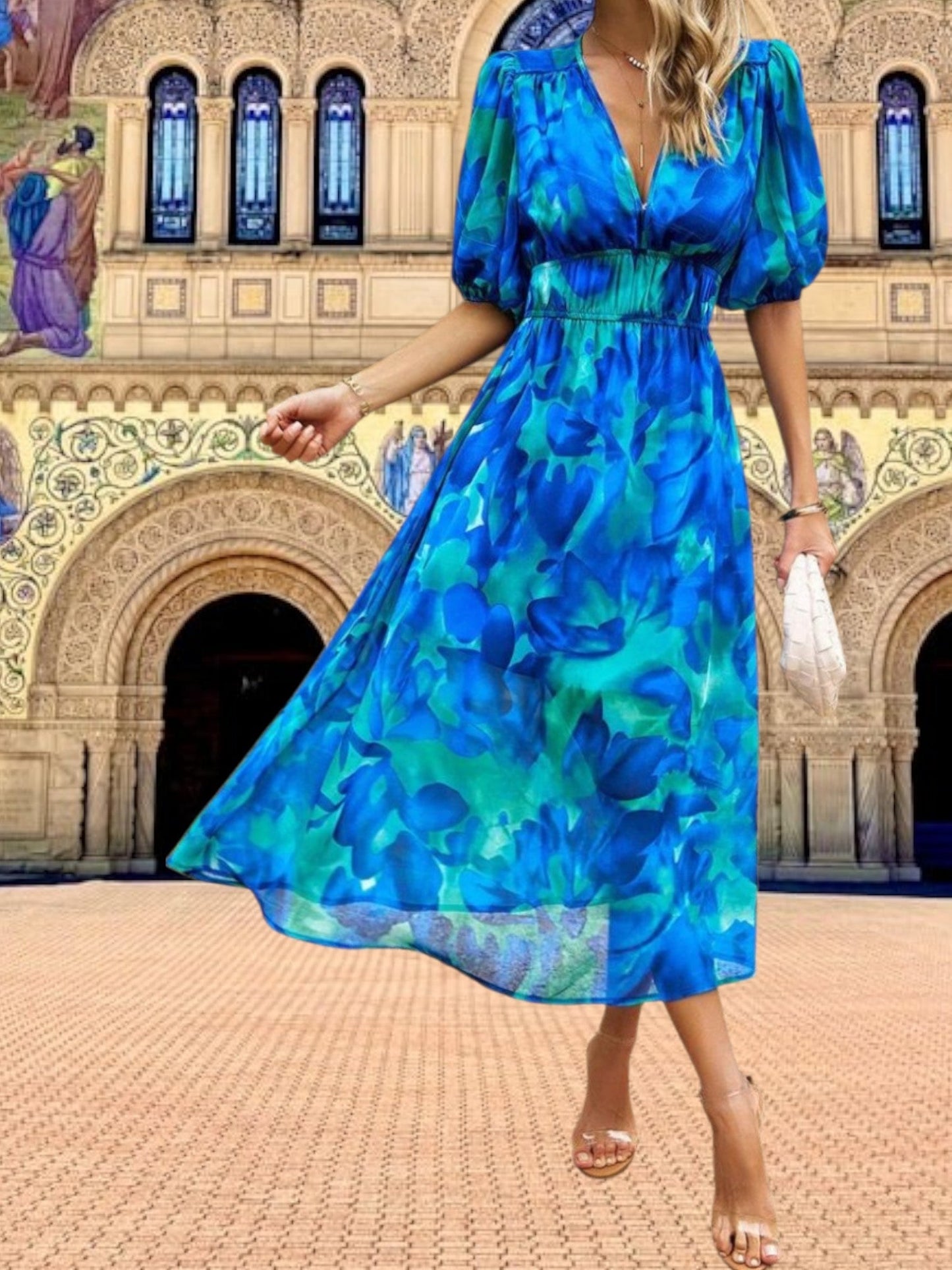 MW | Florales Midikleid mit Puffärmeln