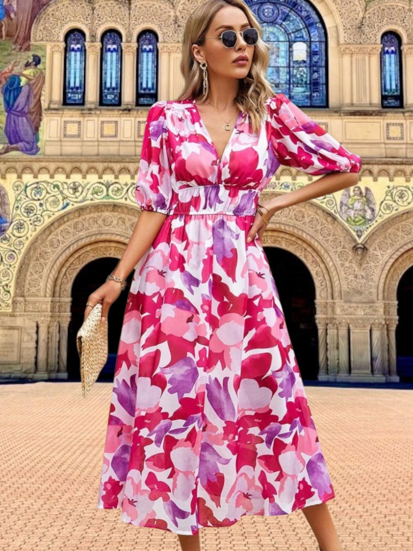 MW | Florales Midikleid mit Puffärmeln