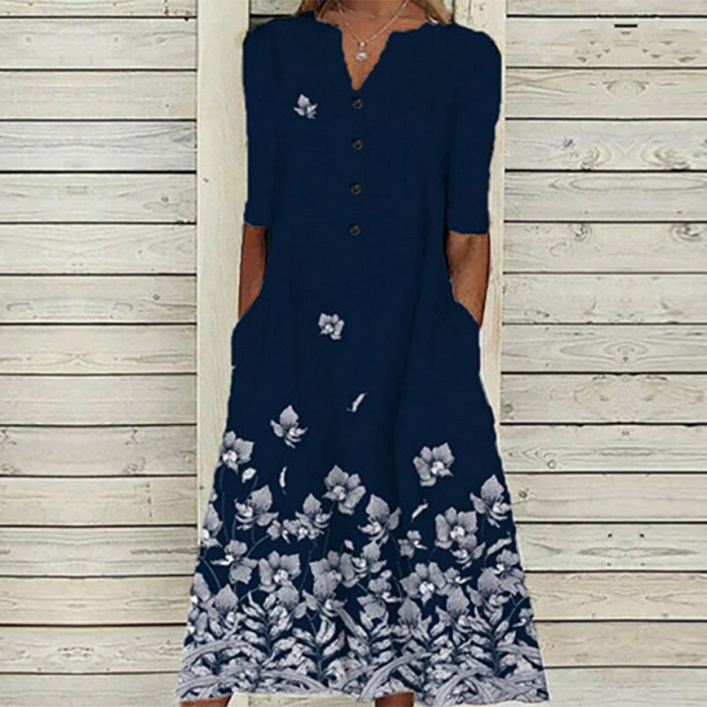 MW | Damen Midikleid - V-Ausschnitt - Knopfleiste - kurze Ärmel - floraler Schmetterlingsdruck - Taschen