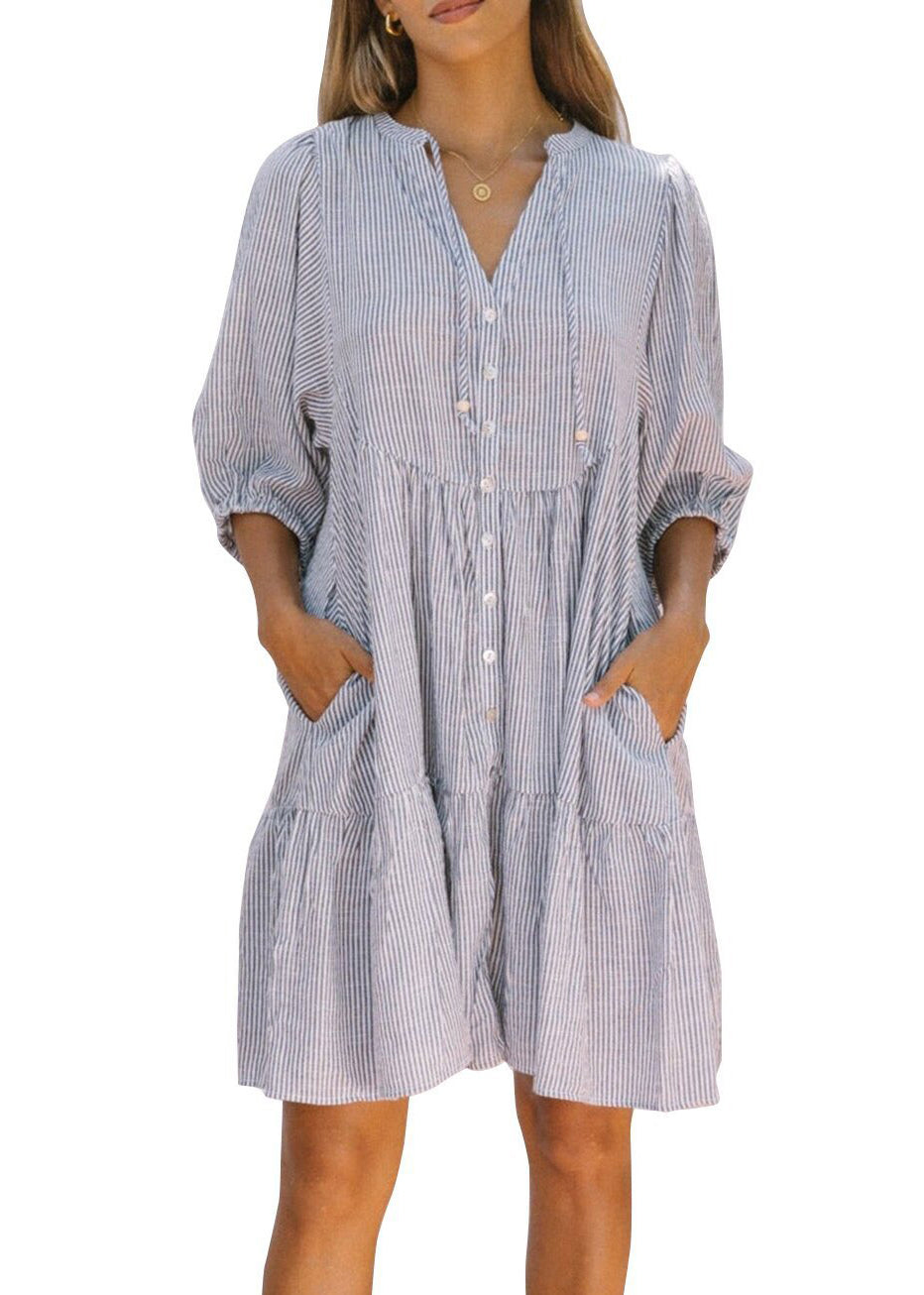 MW | French Pink Peter Pan Kragen Gestreifte Mid Shirts Kleid Halbe Ärmel