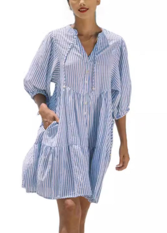 MW | French Pink Peter Pan Kragen Gestreifte Mid Shirts Kleid Halbe Ärmel