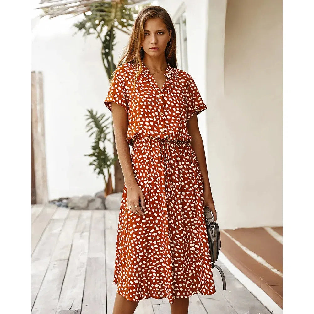 MW | Dots Print Weißes Kleid Frauen Sommer Kurzarm Tunika Boho Midi Kleider