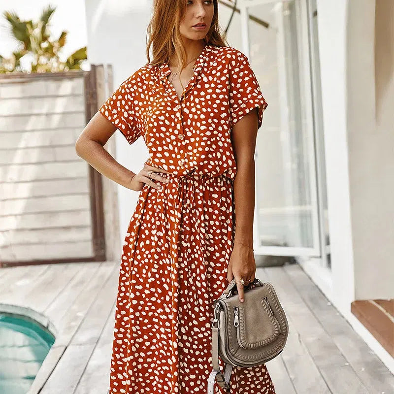MW | Dots Print Weißes Kleid Frauen Sommer Kurzarm Tunika Boho Midi Kleider