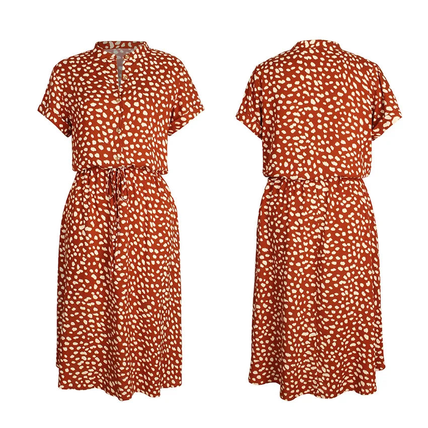 MW | Dots Print Weißes Kleid Frauen Sommer Kurzarm Tunika Boho Midi Kleider