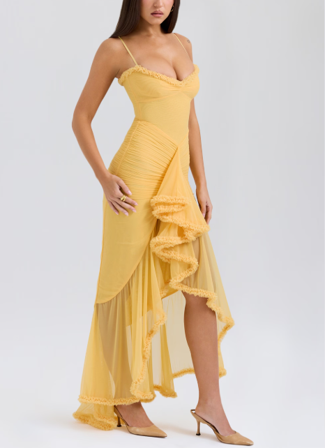 MW | Langes Abendkleid mit schmalen Trägern und asymmetrischem Rock für einen eleganten Auftritt