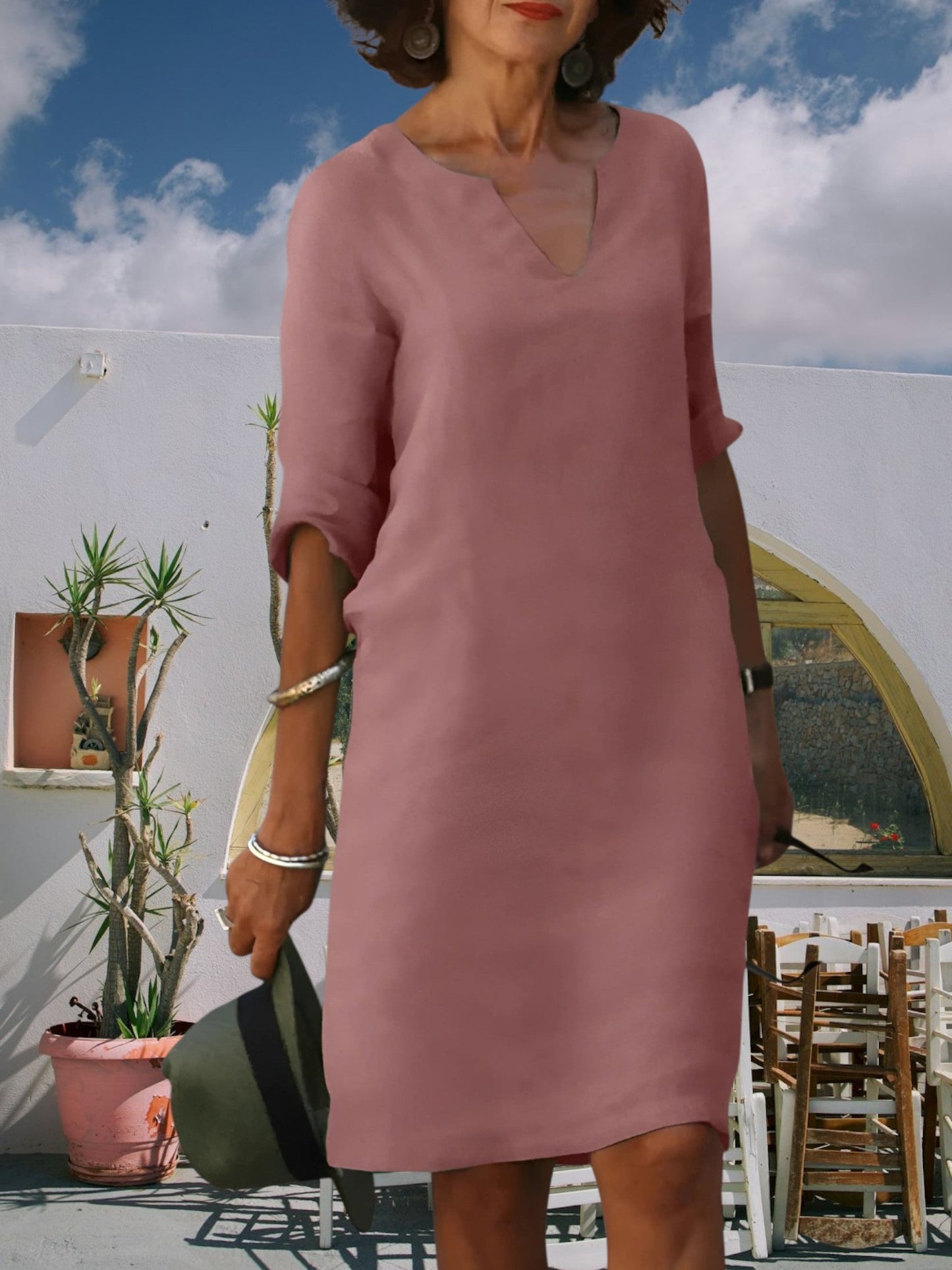 MW | Knie-langen Mini-Kleid von Frauen mit V-Ausschnitt und 3/4-Ärmeln
