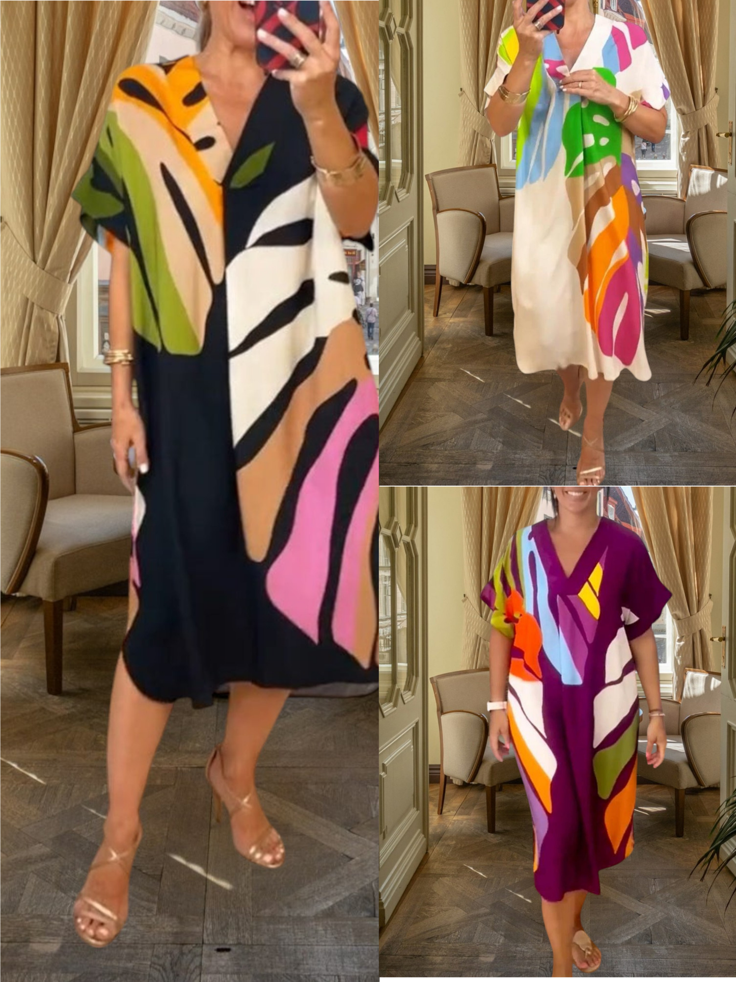 MW | Lebhaftes Midi Kleid aus Baumwollmix mit V-Ausschnitt und kurzem Arm, ideal für Frühling und Sommer