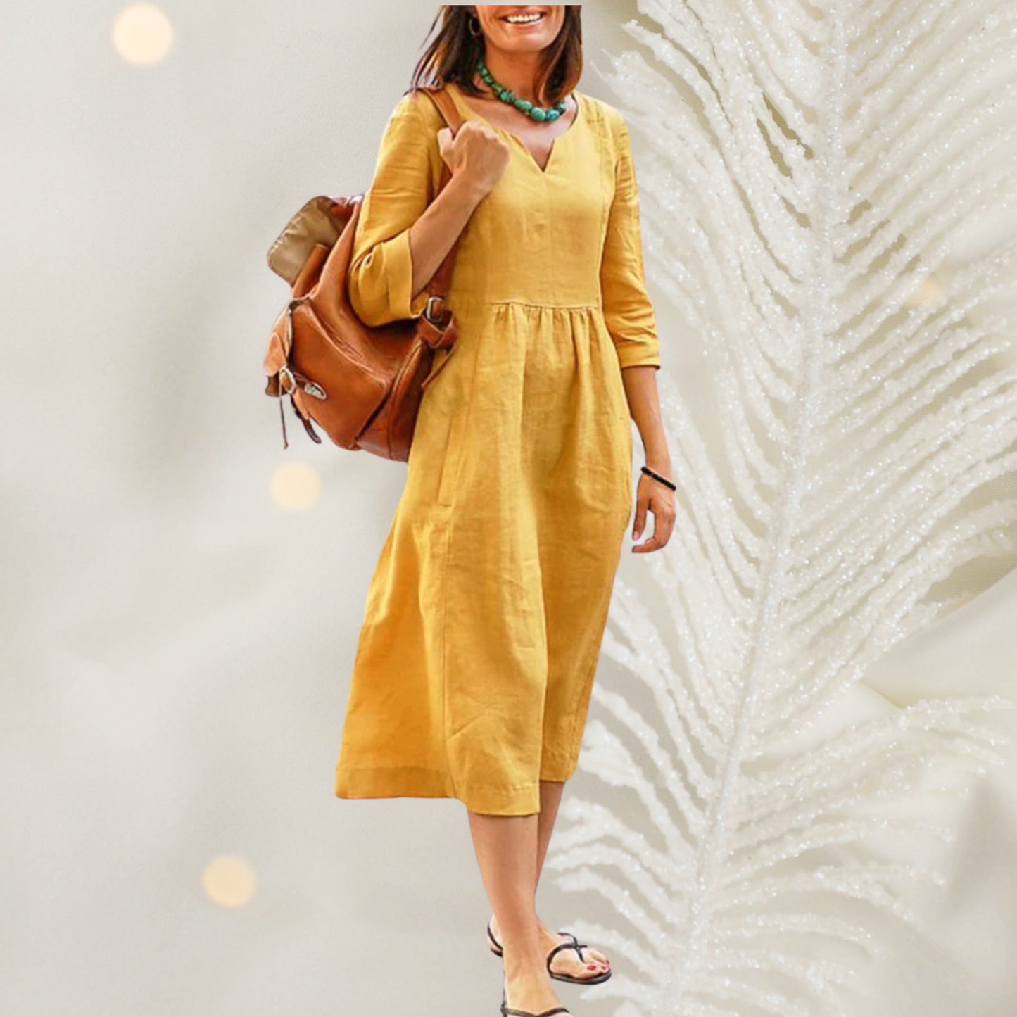 MW | Midi-Kleid Damen mit V-Hals und Gerippter Taille – Luftig, Elegant für Frühling und Sommer